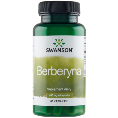 Zielona butelka z czarną zakrętką zawiera suplement diety "Berberyna" marki SWANSON, z etykietą informującą o zawartości 400 mg w kapsułce i 60 kapsułkach w opakowaniu. Na etykiecie widnieje logo SWANSON oraz napis "Suplement diety".