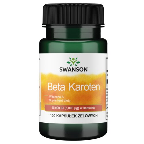 Zielona butelka z czarną zakrętką, na której widnieje etykieta z napisem: "SWANSON Beta Karoten, Witamina A, Suplement diety, 10,000 IU (3,000 µg) w kapsułce, 100 KAPSUŁEK ŻELOWYCH".