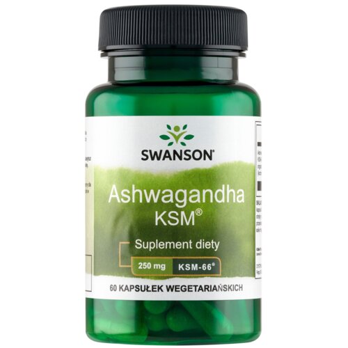 Zielona butelka z czarną zakrętką zawiera suplement diety "SWANSON Ashwagandha KSM", oznaczony jako 250 mg KSM-66, z napisem "60 kapsułek wegetariańskich" na dole etykiety. Na etykiecie widnieje logo z zielonym motywem roślinnym.
