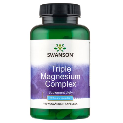 Zielona butelka z czarną zakrętką zawiera suplement diety "SWANSON Triple Magnesium Complex". Na etykiecie widnieje napis: "400 mg w kapsułce, 100 WEGAŃSKICH KAPSUŁEK".