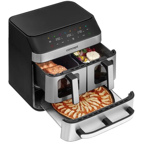 Na zdjęciu znajduje się frytkownica beztłuszczowa z trzema otwartymi szufladami, w których znajdują się kawałki mięsa, warzywa oraz pizza. Na panelu sterowania widoczne są cyfry "200" i "230" oraz logo "concept".