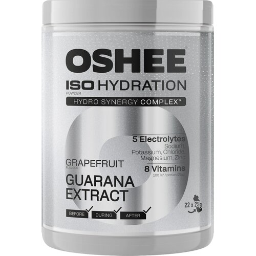 Pojemnik z napisem "OSHEE ISO HYDRATION" oraz "GRAPEFRUIT FLAVOUR GUarana EXTRACT" zawiera informacje o 5 elektrolitach: sód, potas, chlorek, magnez, cynk i 8 witaminach. Na opakowaniu widnieje także napis "BEFORE DURING AFTER" oraz oznaczenie "22 x 25g".