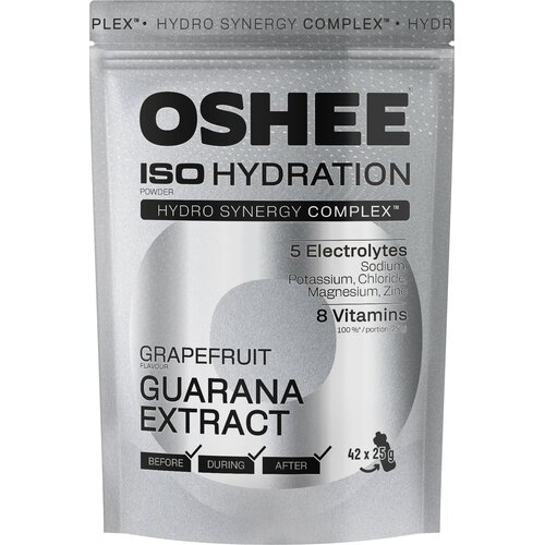 Srebrne opakowanie produktu OSHEE Iso Hydration z napisem "Hydro Synergy Complex" zawiera informacje o składnikach: 5 elektrolitów (sód, potas, chlorek, magnez, cynk) oraz 8 witamin. Na opakowaniu widnieje również napis "Grapefruit Flavour Guarana Extract