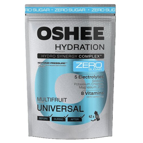 Srebrne opakowanie produktu "OSHEE Hydration" z niebieskimi i czarnymi napisami, zawiera informacje o składnikach takich jak "5 Electrolytes: Sodium, Potassium, Chloride, Magnesium, Zinc" oraz "8 Vitamins". Na opakowaniu widnieje również napis "ZERO SUGAR