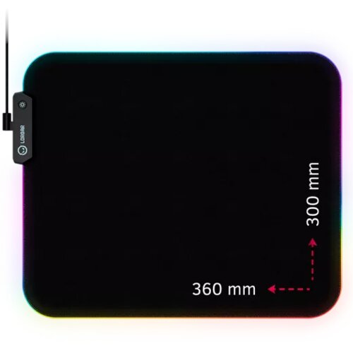 Czarna podkładka z podświetleniem RGB na krawędziach, z widocznymi wymiarami 360 mm i 300 mm oraz logo "Lorgar" na panelu sterującym.