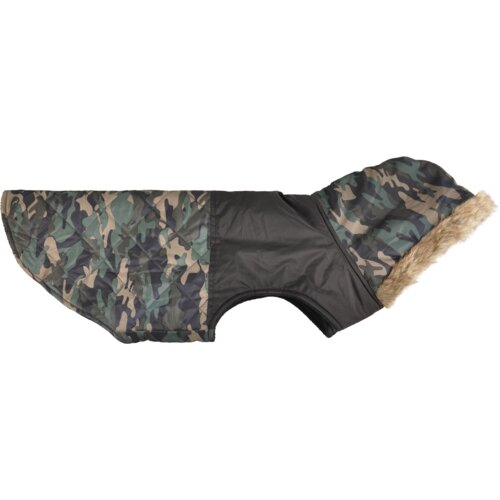 Kurtka dla psa w kolorze khaki z wzorem moro, posiada futrzany kołnierz i pikowane elementy. Produkt jest oznaczony jako "FLAMINGO Ares 518511 FL (45 cm)".