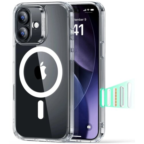 Przezroczyste etui na telefon z widocznym logo w kształcie jabłka oraz okręgiem MagSafe, obok znajduje się telefon z wyświetlaczem pokazującym datę "September 9" i godzinę "9:41". W tle widoczny jest element szklany z zielonymi akcentami.