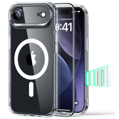 Przezroczyste etui ESR Classic Hybryd MagSafe z widocznym logo Apple na tylnej części, obok którego znajduje się szkło hartowane na ekran telefonu. Na ekranie telefonu widoczna jest godzina 9:41 oraz data "Wednesday, September 9".