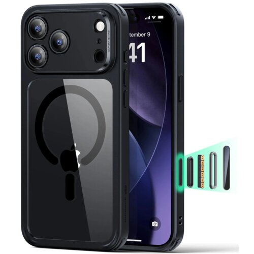 Przezroczysto-czarne etui ESR Classic Hybryd MagSafe z widocznym logo producenta, przeznaczone do Apple iPhone 17 Pro Max, obok którego znajduje się telefon z wyświetlaczem pokazującym godzinę 9:41 i datę September 9. Na etui widoczny jest napis "CAMERA G