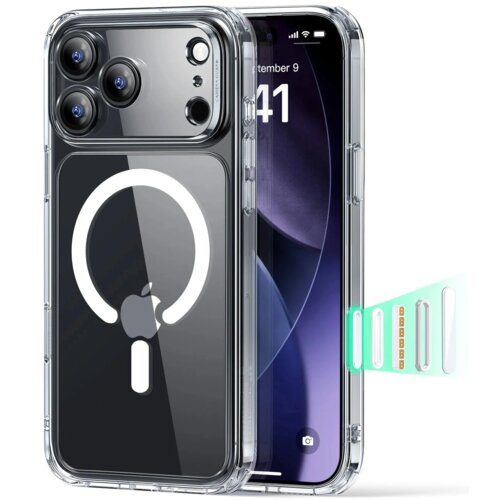 Przezroczyste etui na telefon z widocznym logo w kształcie okręgu i jabłka, obok którego znajduje się smartfon z wyświetlaczem pokazującym godzinę 9:41 i datę September 9. W tle widoczny jest element szklany z zielonymi akcentami.