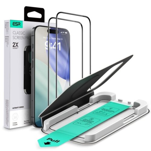 Na zdjęciu znajduje się opakowanie produktu z napisem "ESR Classic Screen Protector 2X", obok którego widoczny jest telefon z nałożonym szkłem ochronnym oraz akcesoria do montażu. Na akcesorium znajduje się zielony pasek z napisem "Pull".