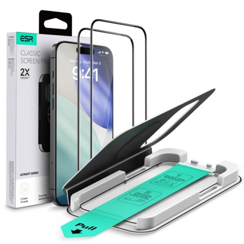 Opakowanie produktu z napisem "ESR Classic Screen Protector" oraz "2X", obok którego znajduje się telefon z nałożonym szkłem hartowanym i akcesorium do aplikacji z widoczną instrukcją i napisem "Pull". W tle widać ekran telefonu z godziną 9:41 i datą "Mon