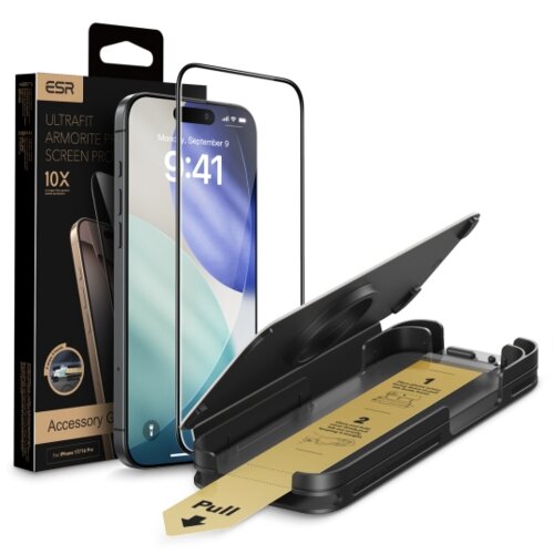 Opakowanie produktu z logo "ESR" zawiera napis "ULTRAFIT ARMORITE PRO SCREEN PROTECTOR" oraz informację "10X". Obok znajduje się szkło hartowane na telefon, a poniżej widoczna jest instrukcja montażu z napisem "Pull".