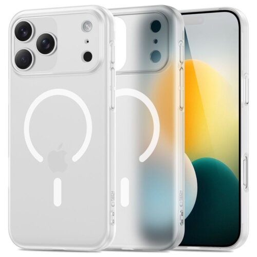Przezroczysto-matowe etui na telefon z widocznym okrągłym wzorem i logo jabłka, przeznaczone dla modelu iPhone 17 Pro. Na etui znajduje się napis "TECH-PROTECT".