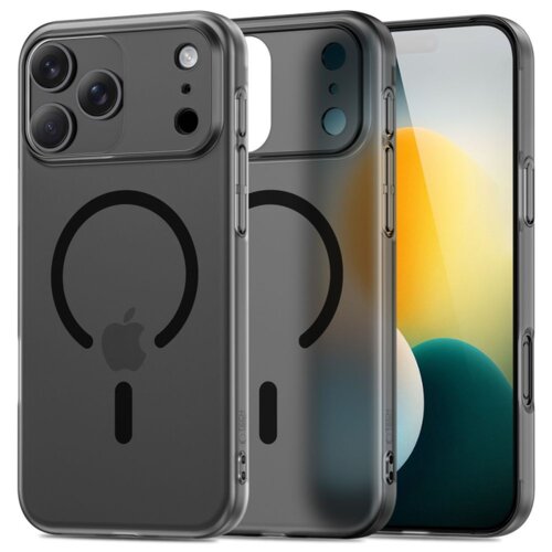 Na zdjęciu widoczne są trzy czarne, matowe etui na telefon z okrągłym wzorem i logo jabłka, przeznaczone do modelu Apple iPhone 17 Pro. Etui mają wycięcia na aparat i przyciski, a na jednym z nich widoczny jest napis "TECH-PROTECT".