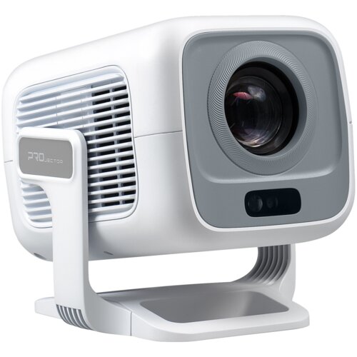 Biały projektor z szarymi akcentami, posiada duży obiektyw i kratkę wentylacyjną z boku. Na uchwycie widoczny jest napis "PROJECTOR".