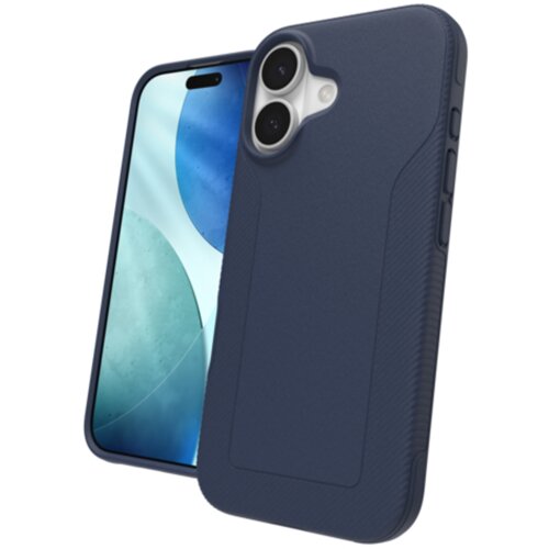 Na zdjęciu widoczne jest granatowe etui na telefon z dwoma wycięciami na aparaty oraz przyciskami bocznymi. Obok etui znajduje się telefon z wyświetlaczem pokazującym abstrakcyjny wzór w odcieniach niebieskiego i zielonego.