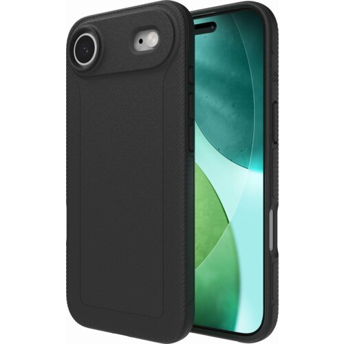 Czarne etui ZAGG Luxe Snap MagSafe do Apple iPhone Air jest widoczne na zdjęciu, z wyraźnie zaznaczonym miejscem na aparat i przyciski boczne. Etui ma teksturowaną powierzchnię i jest pokazane na tle ekranu telefonu z zielonymi i niebieskimi okręgami.