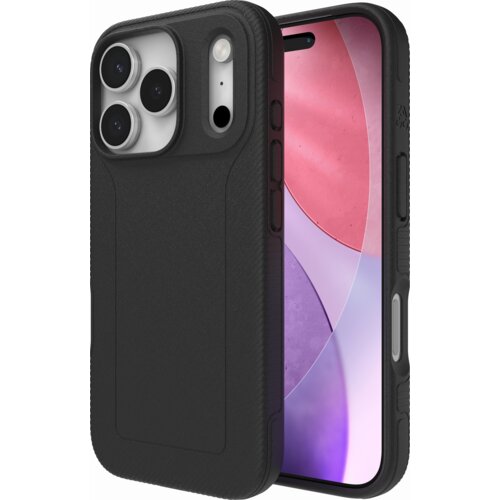 Czarne etui na telefon z trzema dużymi otworami na aparaty oraz dodatkowymi przyciskami po bokach, widoczne na tle ekranu z kolorowymi okręgami. Na boku etui znajduje się napis "ZAGG".