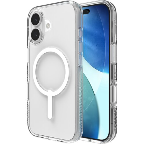 Przezroczyste etui na telefon z okrągłym wzorem kompatybilnym z MagSafe, widoczne na tle telefonu z niebieskim ekranem. Etui ma wycięcia na aparat i przyciski boczne.