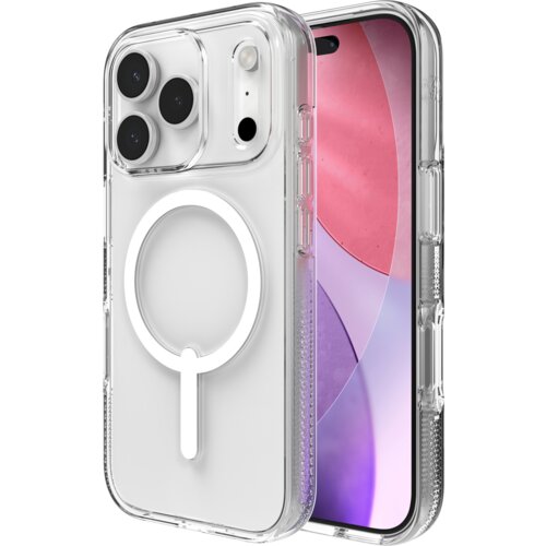 Przezroczyste etui na telefon z widocznym okrągłym wzorem kompatybilnym z MagSafe, umieszczone na modelu telefonu z trzema dużymi obiektywami aparatu i kolorowym ekranem. Produkt to "Etui ZAGG Crystal Palace Snap MagSafe do Apple iPhone 17 Pro Przezroczys