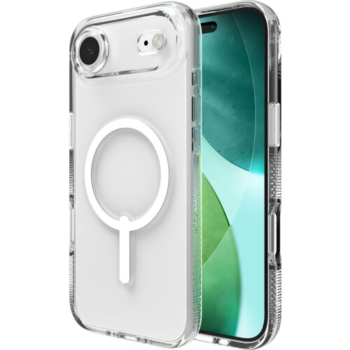 Przezroczyste etui na telefon z okrągłym wzorem na środku, widoczne z przodu i z tyłu, z wycięciami na aparat i przyciski. Na ekranie telefonu widać abstrakcyjny wzór w odcieniach zieleni i niebieskiego.