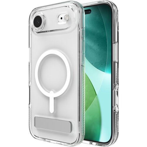 Przezroczyste etui na telefon z okrągłym wzorem MagSafe i prostokątną podpórką, widoczne na tle ekranu telefonu z zielonymi i niebieskimi okręgami. Etui ma wycięcia na aparat i przyciski.