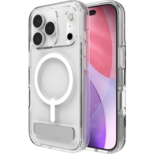 Przezroczyste etui na telefon z widocznym okrągłym wzorem kompatybilnym z MagSafe oraz wbudowaną podpórką, obok którego znajduje się telefon z kolorowym ekranem. Etui posiada wycięcia na aparat i przyciski boczne.