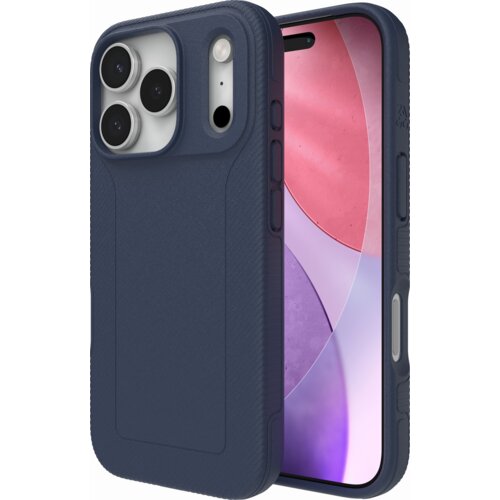Granatowe etui ZAGG Luxe Snap MagSafe do Apple iPhone 17 Pro, z trzema wycięciami na aparaty i przyciskami bocznymi, prezentowane na tle telefonu z kolorowym ekranem. Etui ma teksturowaną powierzchnię i otwory na kamerę oraz przyciski.
