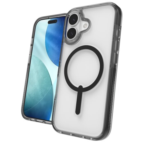 Przezroczyste etui na telefon z czarnym okręgiem MagSafe, obok którego znajduje się smartfon z wyświetlaczem pokazującym abstrakcyjną grafikę w odcieniach niebieskiego i zielonego. Etui ma wycięcia na dwa obiektywy aparatu i lampę błyskową.