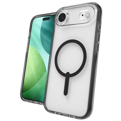 Przezroczyste etui na telefon z czarnym okręgiem MagSafe jest pokazane obok telefonu z zielonymi i niebieskimi okręgami na ekranie. Etui ma wycięcia na aparat i przyciski.