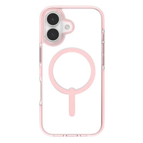 Przezroczyste etui z różowymi krawędziami i okrągłym wzorem MagSafe na środku, przeznaczone do telefonu z podwójnym aparatem. Produkt jest kompatybilny z Apple iPhone 17.