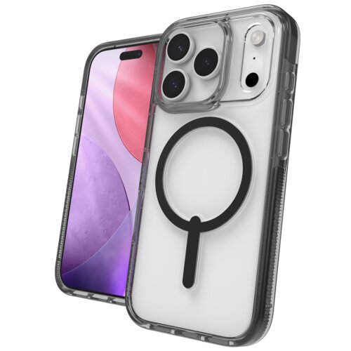 Przezroczyste etui z czarnym okręgiem na tylnej części, przeznaczone do telefonu z trzema obiektywami aparatu i wyświetlaczem z kolorową grafiką. Produkt jest kompatybilny z technologią MagSafe.