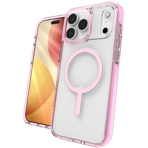 Przezroczyste etui z różowymi akcentami, zaprojektowane dla iPhone 17 Pro Max, posiada wyraźnie zaznaczone miejsce na aparat oraz okrągły wzór MagSafe na tylnej części. W tle widoczny jest ekran telefonu z abstrakcyjną grafiką w odcieniach złota i różu.