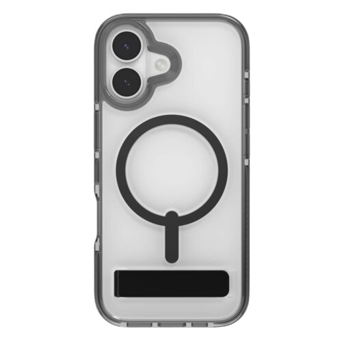 Przezroczyste etui na telefon z czarnym okręgiem i prostokątnym elementem na tylnej części, zaprojektowane dla Apple iPhone 17. W górnym rogu widoczne są dwa otwory na aparat i lampa błyskowa.