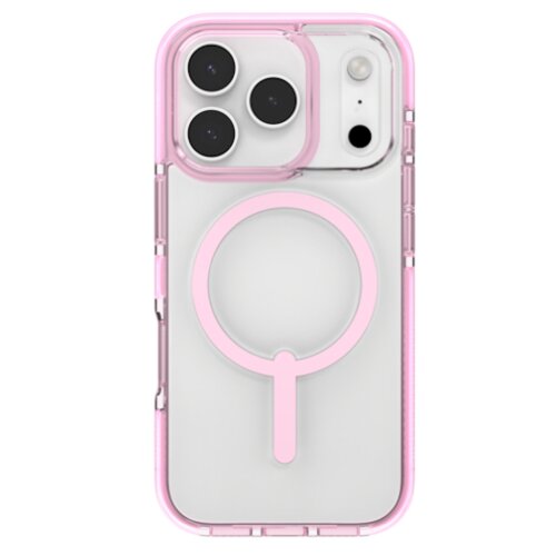 Przezroczyste etui z różowymi akcentami, zaprojektowane dla Apple iPhone 17 Pro, posiada okrągły wzór kompatybilny z MagSafe. Etui ma wycięcia na trzy duże obiektywy aparatu oraz dodatkowe otwory na inne elementy telefonu.