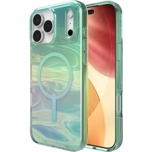 Etui wielokolorowe z efektem olejowym, przeznaczone do telefonu Apple iPhone 17 Pro Max, z widocznym okrągłym wzorem MagSafe. W tle widać fragment telefonu z wyświetlaczem o ciepłych barwach.