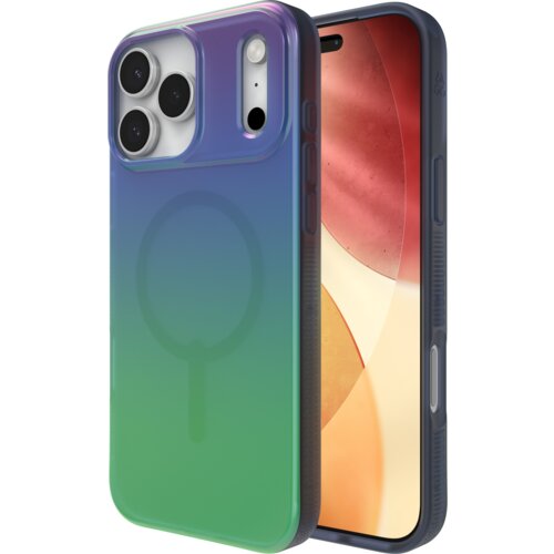 Etui ZAGG Milan Snap MagSafe Raven Feather do Apple iPhone 17 Pro Max w wielokolorowym wzorze, z widocznym okręgiem MagSafe na tylnej części. Obok etui znajduje się telefon z wyświetlaczem pokazującym abstrakcyjny, kolorowy wzór.