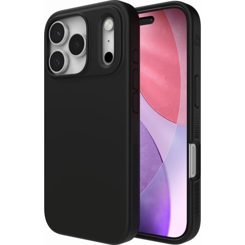 Czarne etui na telefon z trzema wycięciami na aparaty oraz dodatkowymi przyciskami po bokach, obok widoczny jest ekran telefonu z kolorowym, abstrakcyjnym tłem. Na etui znajduje się logo "ZAGG".