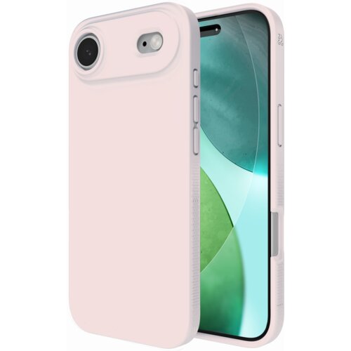 Różowe etui na telefon z widocznymi przyciskami bocznymi i otworami na aparat oraz lampę błyskową, obok którego znajduje się telefon z wyświetlaczem pokazującym abstrakcyjne, zielono-niebieskie wzory. Na etui widoczne jest logo "ZAGG".