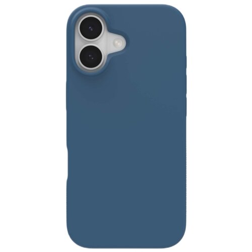 Niebieskie etui na telefon z dwoma otworami na aparaty fotograficzne oraz miejscem na lampę błyskową. Etui ma gładką powierzchnię i zaokrąglone krawędzie.