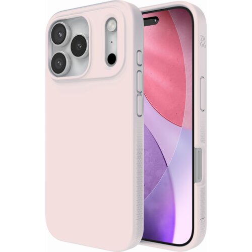 Różowe etui na telefon z trzema wycięciami na aparaty i przyciskami bocznymi, obok widoczny ekran telefonu z kolorową grafiką. Na etui znajduje się napis "ZAGG".