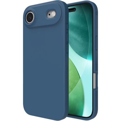 Ciemnoniebieskie etui na telefon z widocznymi wycięciami na aparat i przyciski, obok którego znajduje się telefon z wyświetlaczem pokazującym zielono-niebieską grafikę. Na boku etui widoczny jest napis "ZAGG".