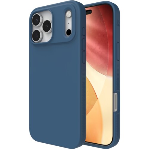 Ciemnoniebieskie etui na telefon z trzema wycięciami na aparaty oraz dodatkowymi przyciskami po bokach, widoczne na tle ekranu z abstrakcyjnym wzorem w odcieniach czerwieni i beżu. Na boku etui znajduje się napis "ZAGG".