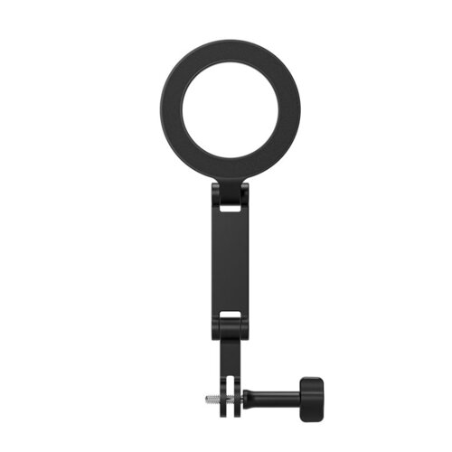 Czarny uchwyt magnetyczny z okrągłym elementem na górze, połączony z regulowanym ramieniem i śrubą mocującą na dole. Produkt ma prosty, nowoczesny design bez widocznych napisów ani logo.