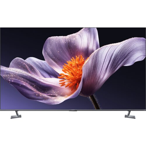 Telewizor z wyświetlaczem prezentującym zbliżenie na fioletowy kwiat z pomarańczowym środkiem na ciemnym tle. Na dolnej ramce widoczne jest logo "XIAOMI".