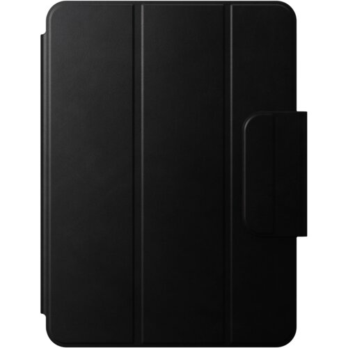 Czarne etui na tablet z widocznymi pionowymi przeszyciami i zapięciem po jednej stronie. Powierzchnia etui jest gładka i jednolita, bez widocznych napisów czy logo.