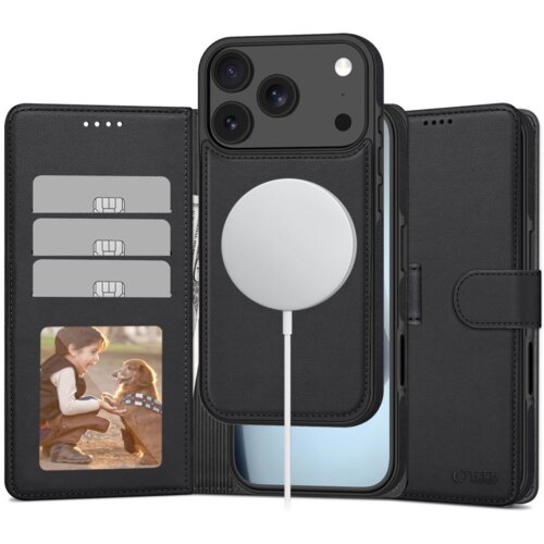 Czarne etui TECH-PROTECT Wallet MagSafe do Apple iPhone 17 Pro Max z trzema kieszonkami na karty, miejscem na zdjęcie oraz okrągłym uchwytem MagSafe. Na etui widoczne jest logo "TECH-PROTECT".