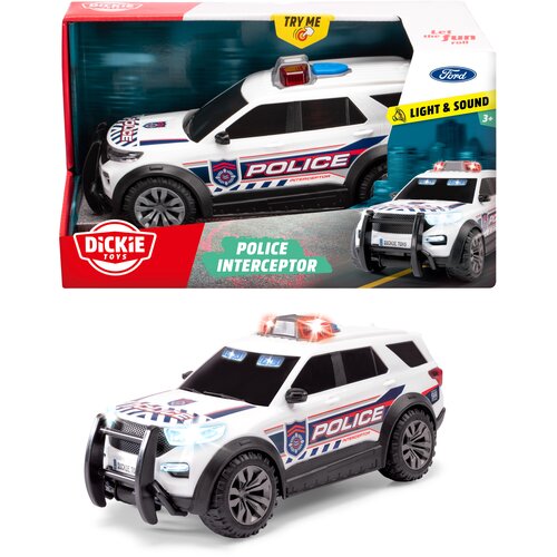 Zabawka przedstawia biały samochód policyjny z niebieskimi i czerwonymi światłami na dachu, oznaczony napisem "POLICE INTERCEPTOR" oraz logo "DICKIE TOYS". Opakowanie zawiera napisy "TRY ME", "LIGHT & SOUND", "3+" oraz logo Ford.