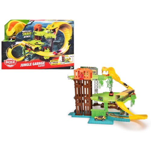 Zestaw zabawkowy "Jungle Garage" od Dickie Toys przedstawia wielopoziomowy garaż z motywem dżungli, w tym dużą żółtą wężową zjeżdżalnię i różne elementy konstrukcyjne. Na opakowaniu widnieje napis "WATCH OUT! SNAKE ATTACK!" oraz logo Dickie Toys, a produk